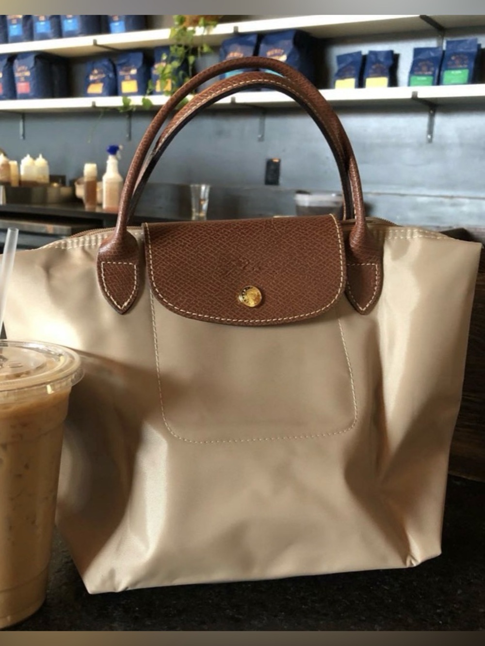 LONGCHAMP Le Pliage Small Short handle tote- Beige EUC
